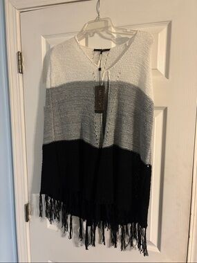MaxSport Striped Fringe Poncho in White, Gray & Black